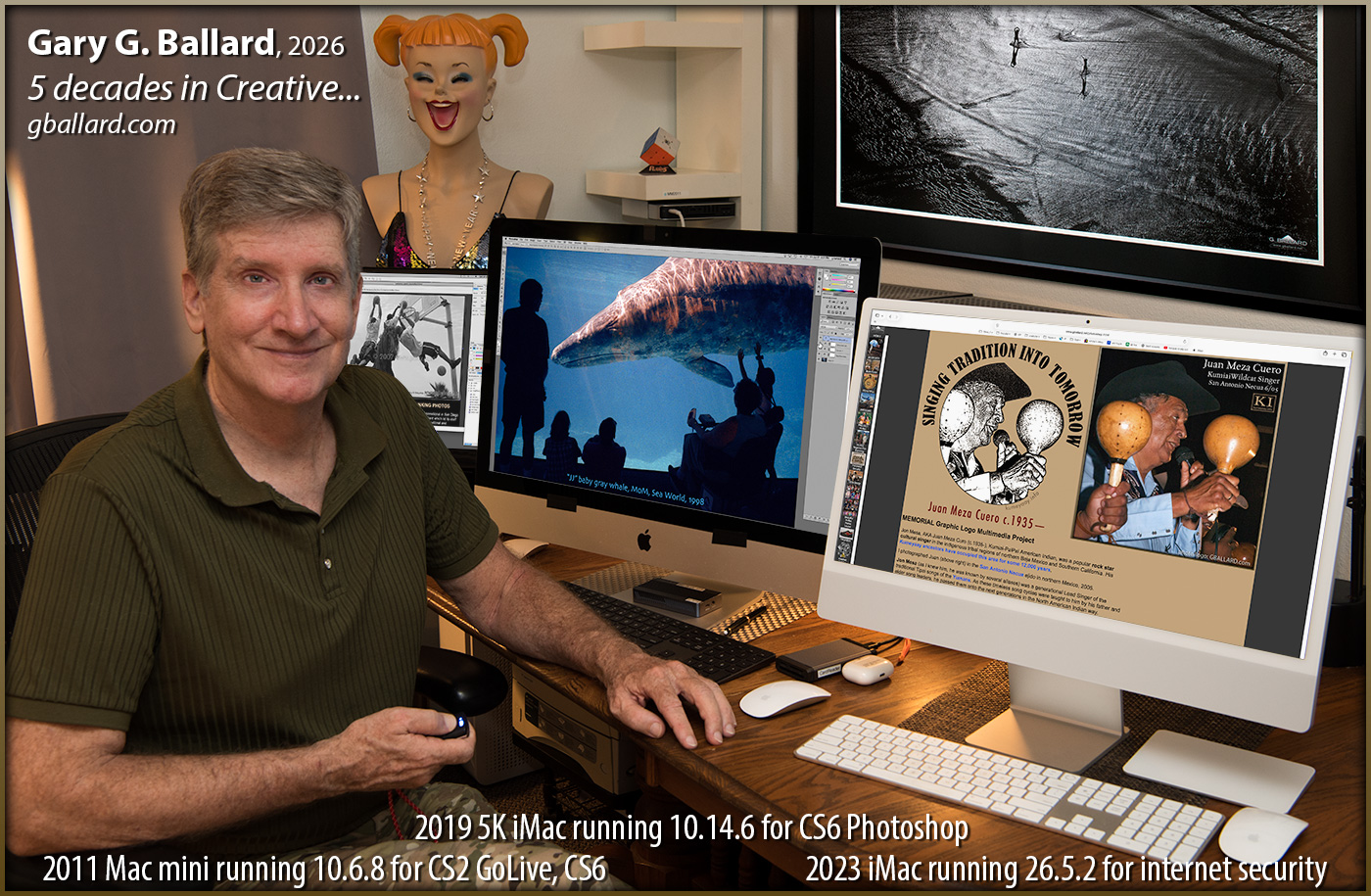GARY G BALLARD Portrait 2026, sitting at his Apple Mac workstations...